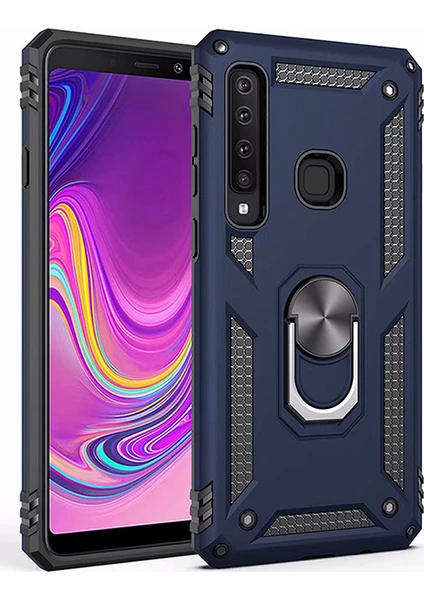 Samsung Galaxy A9 2018 Kılıf Zırh Koruma Yüzüklü Standlı Armor Silikon Kapak + Ekran Koruma Mavi