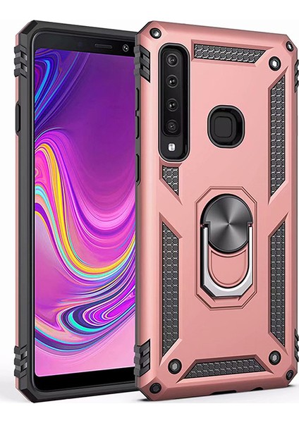 Samsung Galaxy A9 2018 Kılıf Zırh Koruma Yüzüklü Standlı Armor Silikon Kapak + Ekran Koruma Rose Gold