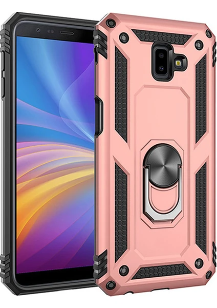 Samsung Galaxy J6 Plus Kılıf Zırh Koruma Yüzüklü Standlı Armor Silikon Kapak Rose Gold