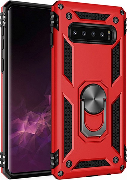 Samsung Galaxy S10 Plus Kılıf Zırh Koruma Yüzüklü Standlı Armor Silikon Kapak Kırmızı