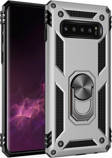 Samsung Galaxy S10 Plus Kılıf Zırh Koruma Yüzüklü Standlı Armor Silikon Kapak Gri