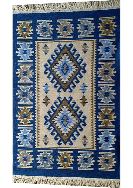 Uşak Kilimi - Mavi Renk Çift Taraflı Antik Tarz Eşme Desen Kilim Yolluk Lidya Tekstil - 120X180CM