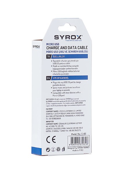 SYX-C66 Micro USB 1.0A Şarj ve Data Kablosu 1.2 mt