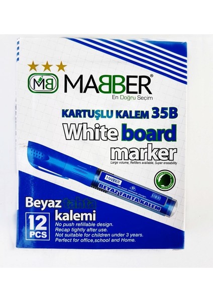 Maber Kartuşlu Beyaz Tahta Kalemi 12'li -Mavi