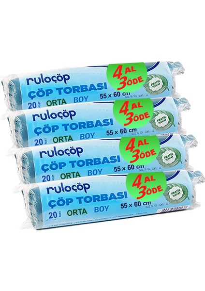 Ruloçöp Çöp Torbası Orta Boy 55x60 4lü Paket (80 Adet)