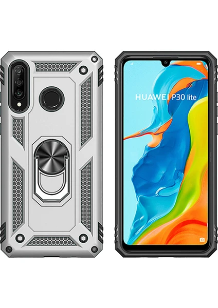 Huawei P30 Lite Kılıf Zırh Koruma Yüzüklü Standlı Armor Silikon Kapak + Ekran Koruma Gri