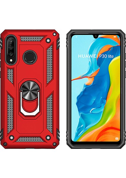 Huawei P30 Lite Kılıf Zırh Koruma Yüzüklü Standlı Armor Silikon Kapak + Ekran Koruma Kırmızı