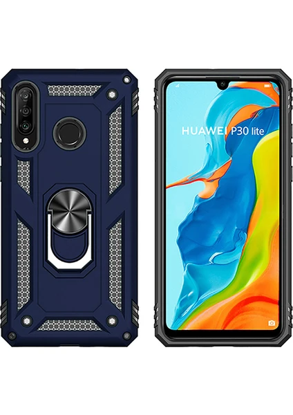 Huawei P30 Lite Kılıf Zırh Koruma Yüzüklü Standlı Armor Silikon Kapak + Ekran Koruma Mavi