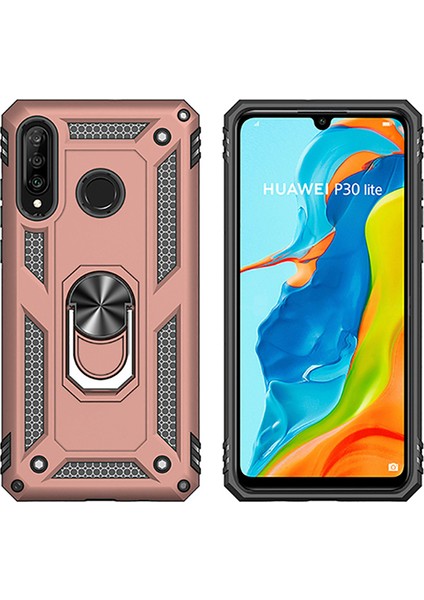 Huawei P30 Lite Kılıf Zırh Koruma Yüzüklü Standlı Armor Silikon Kapak + Ekran Koruma Rose Gold