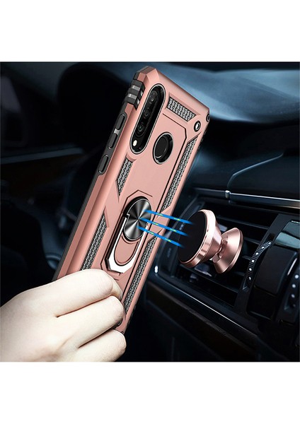 Huawei P30 Lite Kılıf Zırh Koruma Yüzüklü Standlı Armor Silikon Kapak + Ekran Koruma Rose Gold