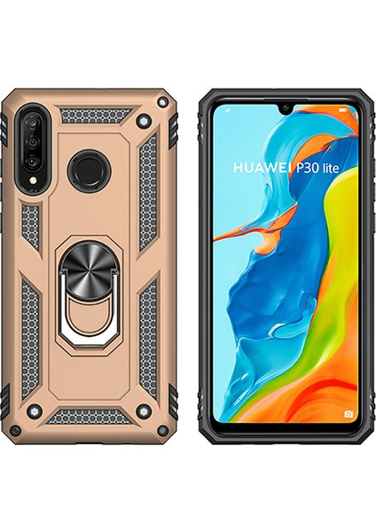 Huawei P30 Lite Kılıf Zırh Koruma Yüzüklü Standlı Armor Silikon Kapak + Nano Ekran Koruma Gold