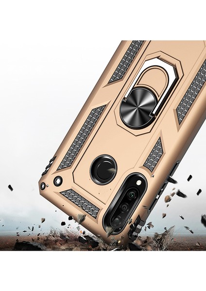 Huawei P30 Lite Kılıf Zırh Koruma Yüzüklü Standlı Armor Silikon Kapak + Nano Ekran Koruma Gold