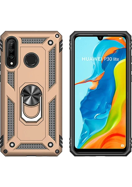 Huawei P30 Lite Kılıf Zırh Koruma Yüzüklü Standlı Armor Silikon Kapak Gold