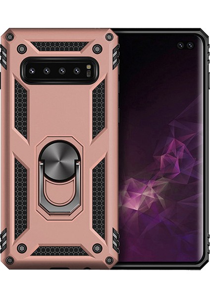 Samsung Galaxy S10e Kılıf Zırh Koruma Yüzüklü Standlı Armor Silikon Kapak Rose Gold