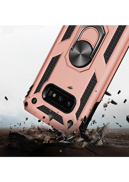 Samsung Galaxy S10e Kılıf Zırh Koruma Yüzüklü Standlı Armor Silikon Kapak Rose Gold