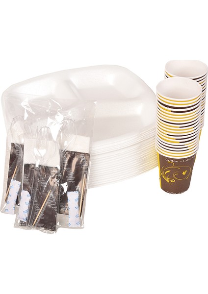Piknik Seti 50 Adet Üç Gözlü Köpük Tabak, 50 Adet Karton Bardak, 50 Adet 6'lı Lüx Set (Kaşık, Çatal, Selpak, Islak Mendil, Tuz, Kürdan)