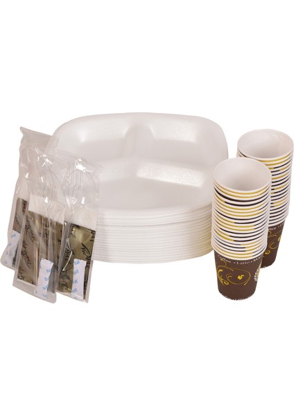Piknik Seti 50 Adet Üç Gözlü Köpük Tabak, 50 Adet Karton Bardak, 50 Adet 6'lı Lüx Set (Kaşık, Çatal, Selpak, Islak Mendil, Tuz, Kürdan)