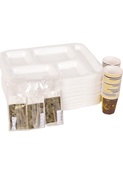 Piknik Seti 50 Adet Beş Gözlü Köpük Tabak, 50 Adet Karton Bardak, 50 Adet 6'lı Lüx Set (Kaşık, Çatal, Selpak, Islak Mendil, Tuz, Kürdan)