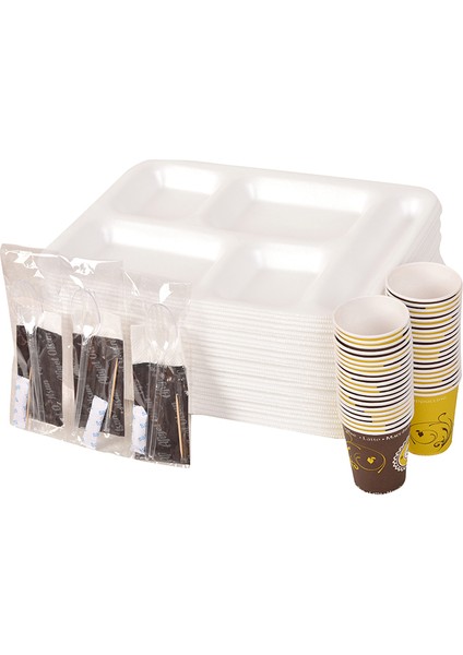 Piknik Seti 50 Adet Beş Gözlü Köpük Tabak, 50 Adet Karton Bardak, 50 Adet 6'lı Lüx Set (Kaşık, Çatal, Selpak, Islak Mendil, Tuz, Kürdan)