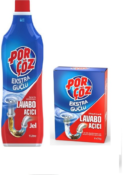 Lavabo Açıcı Jel 1 Lt. / Porçöz Extra Güçlü Lavabo Açıcı 2X75 Gr. Set