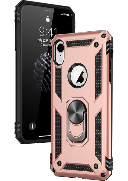 Apple iPhone XR Kılıf Zırh Koruma Yüzüklü Standlı Armor Silikon Kapak + Ekran Koruma Rose Gold