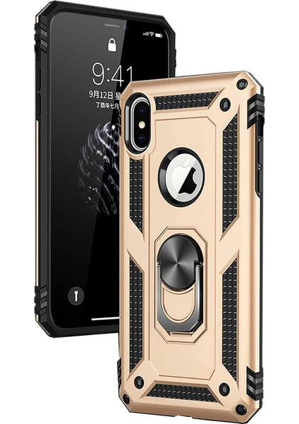 Apple iPhone XS Max Kılıf Zırh Koruma Yüzüklü Standlı Armor Silikon Kapak Gold