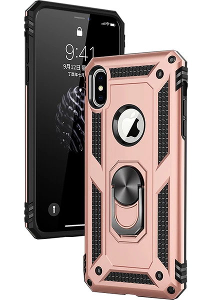 Apple iPhone XS Max Kılıf Zırh Koruma Yüzüklü Standlı Armor Silikon Kapak Rose Gold