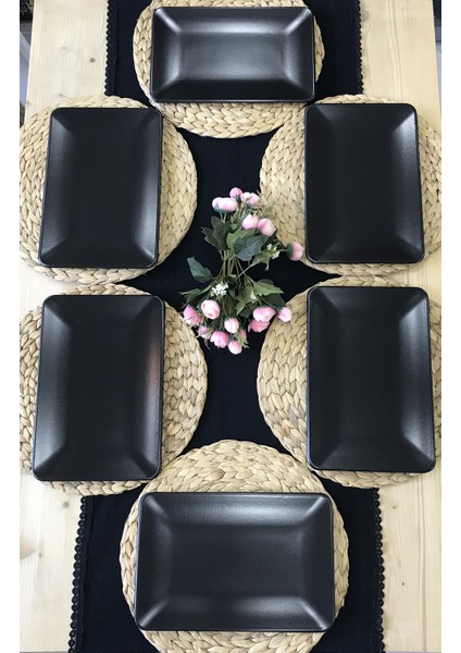 6 Adet 31 x 21 cm Mat Siyah Kayık Servis Tabağı