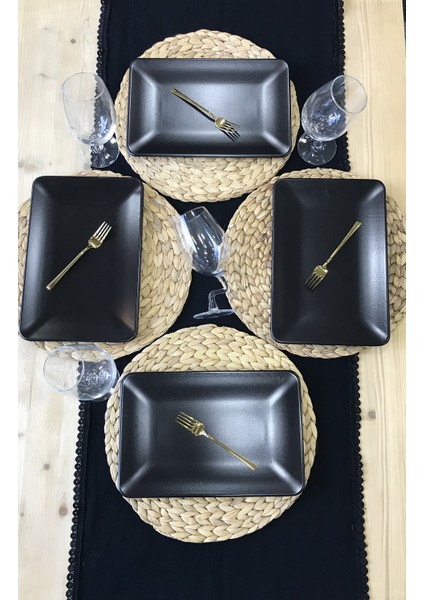 4 Adet 31 x 21 cm Mat Siyah Kayık Servis Tabağı