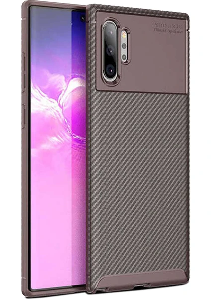 Case 4U Note 10 Plus Uyumlu Kılıf Rugged Armor Karbon Desenli Lüx Negro Silikon Arka Kapak Kahverengi