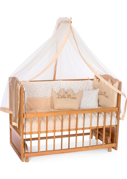 Ahşap Meşe Renk Anne Yanı Beşik 3 Kademeli Sallanan Ahşap Beşik 60 x 120 cm - Krem Prens Uyku Setli & Soft Yataklı