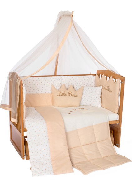 Ahşap Meşe Renk Anne Yanı Beşik 3 Kademeli Sallanan Ahşap Beşik 60 x 120 cm - Krem Prens Uyku Setli & Soft Yataklı