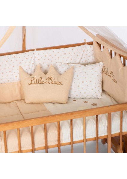 Ahşap Meşe Renk Anne Yanı Beşik 3 Kademeli Sallanan Ahşap Beşik 60 x 120 cm - Krem Prens Uyku Setli & Soft Yataklı