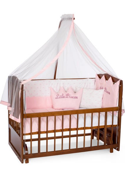 Ahşap Ceviz Renk Anne Yanı Beşik 3 Kademeli Sallanan Ahşap Beşik 60 x 120 cm - Pembe Prenses Uyku Setli & Soft Yataklı