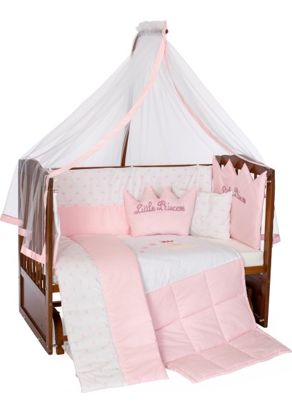 Ahşap Ceviz Renk Anne Yanı Beşik 3 Kademeli Sallanan Ahşap Beşik 60 x 120 cm - Pembe Prenses Uyku Setli & Soft Yataklı