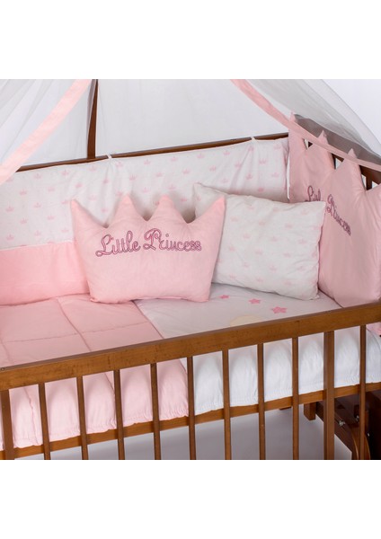 Ahşap Ceviz Renk Anne Yanı Beşik 3 Kademeli Sallanan Ahşap Beşik 60 x 120 cm - Pembe Prenses Uyku Setli & Soft Yataklı