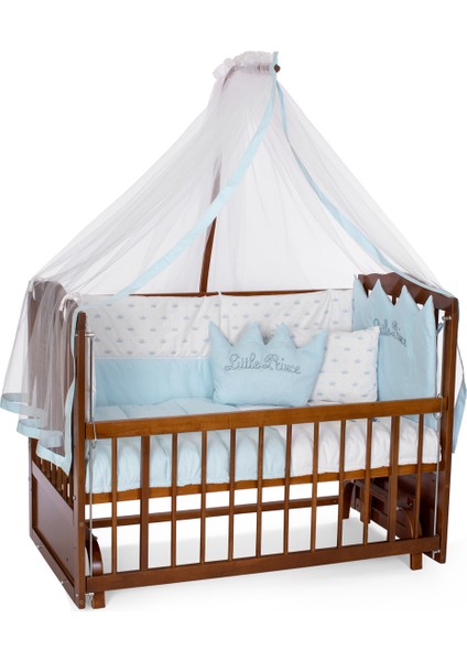 Ahşap Ceviz Renk Anne Yanı Beşik 3 Kademeli Sallanan Ahşap Beşik 60 x 120 cm - Mavi Prens Uyku Setli & Soft Yataklı