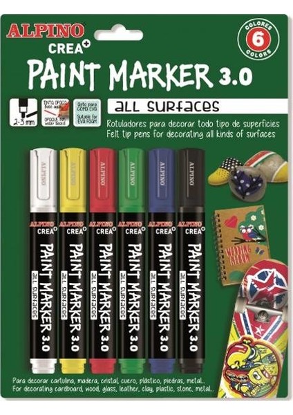 Crea+ Paint Marker Tüm Yüzeyler Için Boyama Markörü 6 Ana Renk