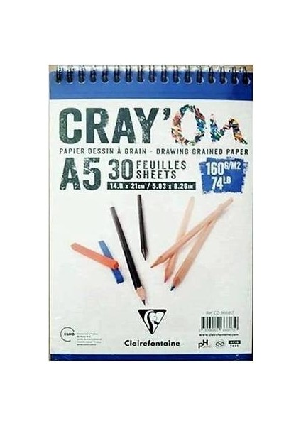 Cray'on Eskiz Çizim Defteri Blok A5 Üstten Spiralli 160 Gr. 30 Yaprak