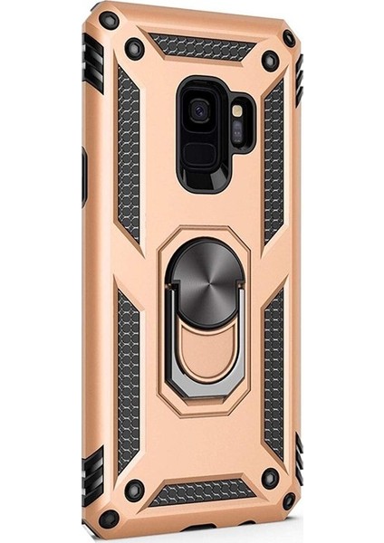 Samsung Galaxy S9 Kılıf Çift Katmanlı Tank Yüzüklü Mıknatıslı Vega Kapak Gold