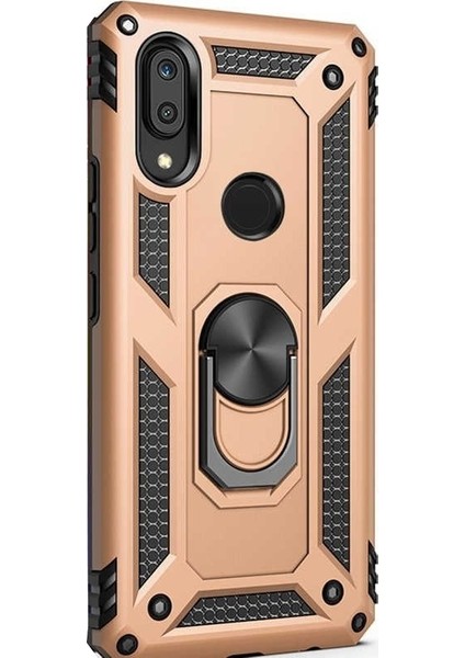 Xiaomi Redmi Note 7 Kılıf Vega Standlı Yüzüklü Mıknatıslı + Nano Glass Gold