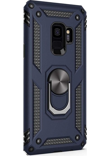 Samsung Galaxy S9 Plus Kılıf Çift Katmanlı Tank Yüzüklü Mıknatıslı Vega Kapak Lacivert
