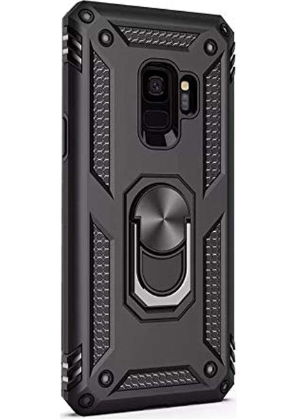 Samsung Galaxy S9 Plus Kılıf Çift Katmanlı Tank Yüzüklü Mıknatıslı Vega Kapak Siyah