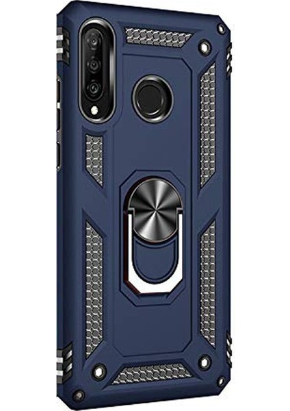 Huawei P30 Lite Kılıf Çift Katmanlı Tank Yüzüklü Mıknatıslı Vega Kapak Lacivert