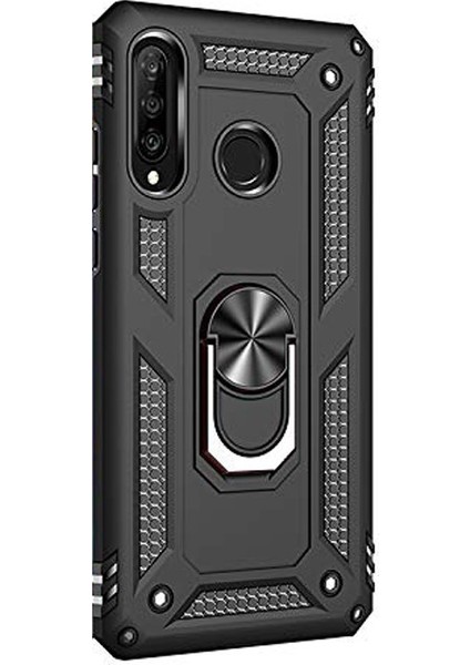 Huawei P30 Lite Kılıf Çift Katmanlı Tank Yüzüklü Mıknatıslı Vega Kapak Siyah
