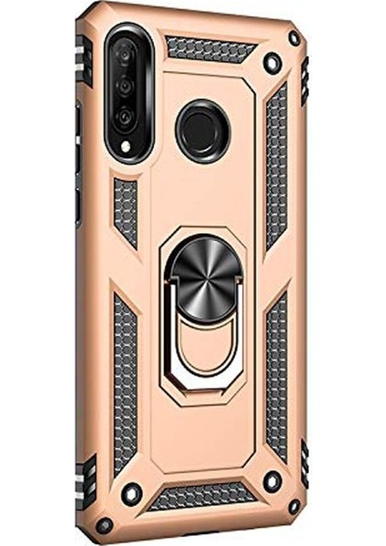Huawei P30 Lite Kılıf Çift Katmanlı Tank Yüzüklü Mıknatıslı Vega Kapak + Nano Glass Gold