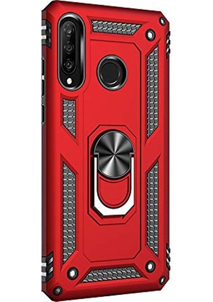 Huawei P30 Lite Kılıf Çift Katmanlı Tank Yüzüklü Mıknatıslı Vega Kapak + Nano Glass Kırmızı