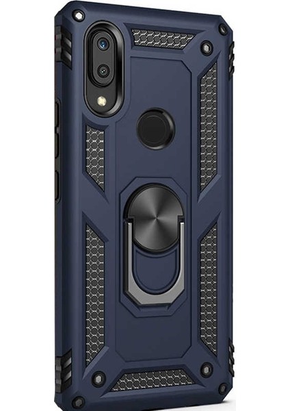 Xiaomi Redmi 7 Kılıf Çift Katmanlı Tank Yüzüklü Mıknatıslı Vega Kapak + Nano Glass Lacivert