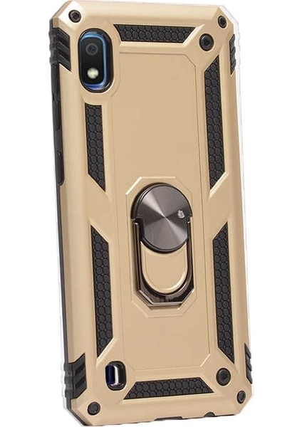 Samsung Galaxy A10 Kılıf Çift Katmanlı Tank Yüzüklü Mıknatıslı Vega Kapak + Nano Glass Gold