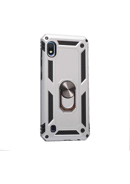 Samsung Galaxy A10 Kılıf Çift Katmanlı Tank Yüzüklü Mıknatıslı Vega Kapak + Nano Glass Gümüş
